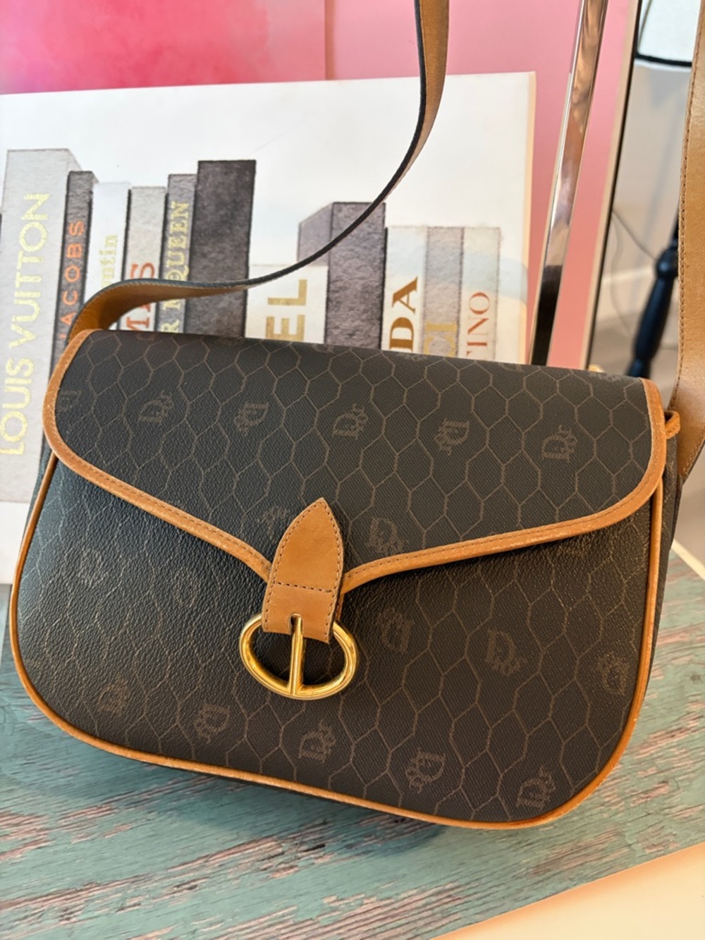 👜 CHRISTIAN DIOR Vintage Honeycomb Canvas Brown and Tan Crossbody Bag 🍯